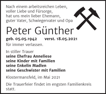 Traueranzeige von Peter Günther von Trauerkombi Mansfelder Land