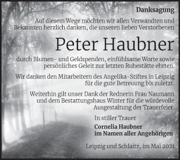 Traueranzeige von Peter Haubner von Trauerkombi Bitterfeld