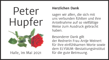Traueranzeige von Peter Hupfer von Mitteldeutsche Zeitung Halle/Saalkreis