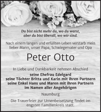 Traueranzeige von Peter Otto von Naumburger Tageblatt