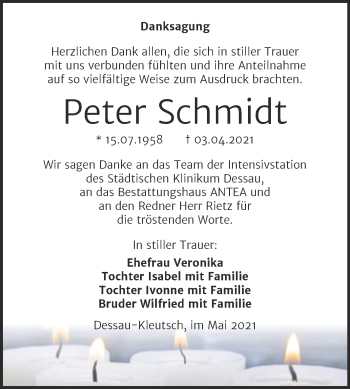Traueranzeige von Peter Schmidt von Trauerkombi Dessau