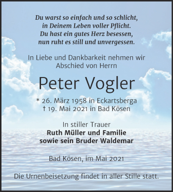 Traueranzeige von Peter Vogler von Wochenspiegel Naumburg/Nebra