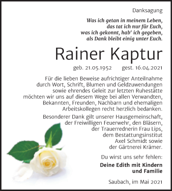 Traueranzeige von Rainer Kaptur von Wochenspiegel Naumburg/Nebra