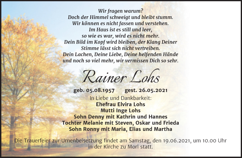  Traueranzeige für Rainer Lohs vom 29.05.2021 aus Mitteldeutsche Zeitung Halle/Saalkreis