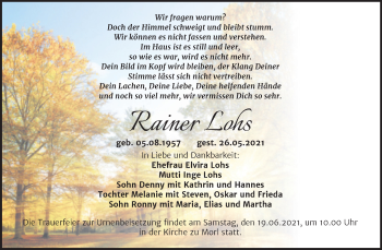 Traueranzeige von Rainer Lohs von Mitteldeutsche Zeitung Halle/Saalkreis