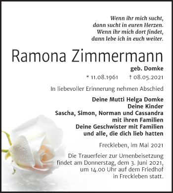 Traueranzeige von Ramona Zimmermann von Trauerkombi Aschersleben
