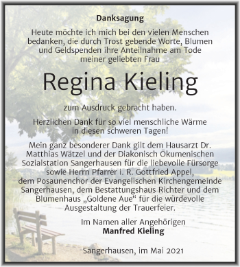 Traueranzeige von Regina Kieling von Trauerkombi Sangerhausen