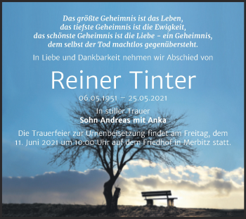 Traueranzeige von Reiner Tinter von Mitteldeutsche Zeitung Halle/Saalkreis