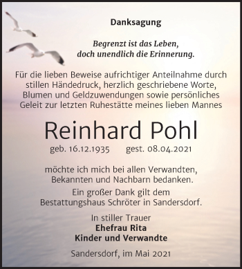 Traueranzeige von Reinhard Pohl von Trauerkombi Bitterfeld