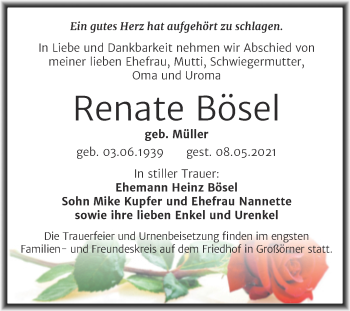 Traueranzeige von Renate Bösel von Trauerkombi Mansfelder Land