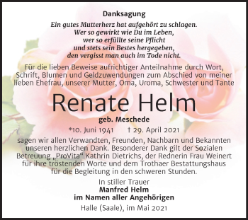 Traueranzeige von Renate Helm von Mitteldeutsche Zeitung Halle/Saalkreis
