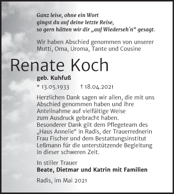 Traueranzeige von Renate Koch von Trauerkombi Wittenberg