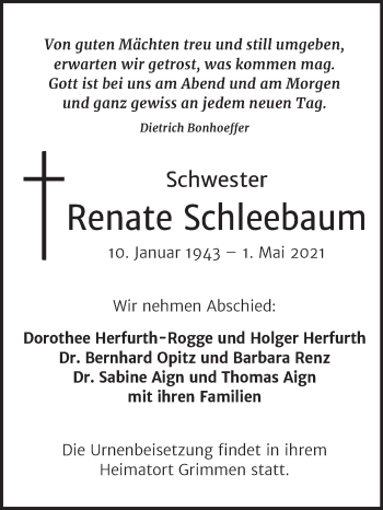 Traueranzeige von Renate Schleebaum von Mitteldeutsche Zeitung