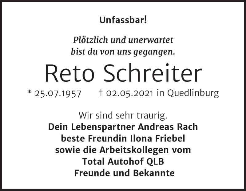  Traueranzeige für Reto Schreiter vom 29.05.2021 aus Mitteldeutsche Zeitung Quedlingburg