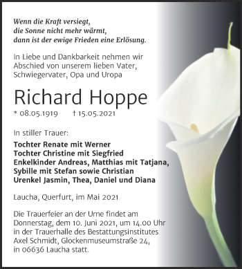 Traueranzeige von Richard Hoppe von Super Sonntag Naumburg/Nebra
