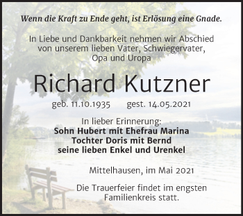 Traueranzeige von Richard Kutzner von Trauerkombi Sangerhausen