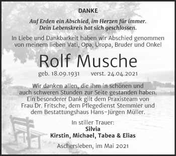 Traueranzeige von Rolf Musche von Trauerkombi Aschersleben