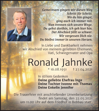 Traueranzeige von Ronald Jahnke von Trauerkombi Bitterfeld