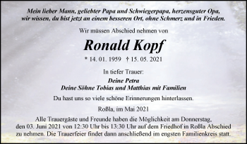 Traueranzeige von Ronald Kopf von Trauerkombi Sangerhausen