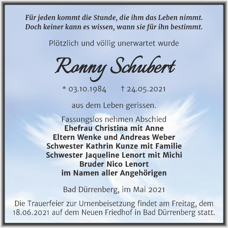  Traueranzeige für Ronny Schubert vom 29.05.2021 aus Trauerkombi Merseburg