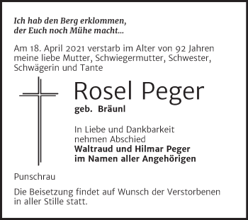 Traueranzeige von Rosel Peger von Wochenspiegel Naumburg/Nebra