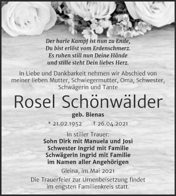 Traueranzeige von Rosel Schönwälder von Wochenspiegel Naumburg/Nebra