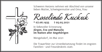 Traueranzeige von Roselinde Kuckuk von Trauerkombi Weißenfels
