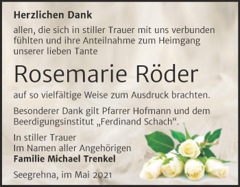 Traueranzeige von Rosemarie Röder von Trauerkombi Wittenberg