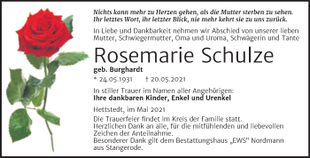 Traueranzeige von Rosemarie Schulze von Mitteldeutsche Zeitung Mansfelder Land