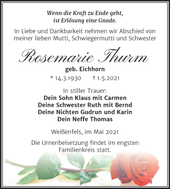 Traueranzeige von Rosemarie Thurm von Trauerkombi Weißenfels