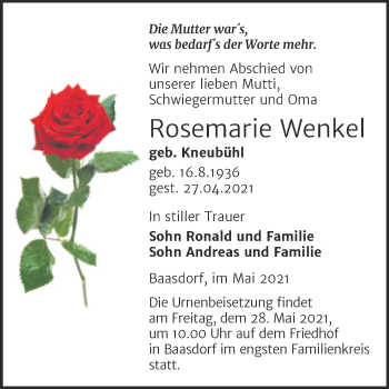 Traueranzeige von Rosemarie Wenkel von Trauerkombi Köthen