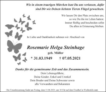 Traueranzeige von Rosemarie Helga Steinhage von Trauerkombi Weißenfels