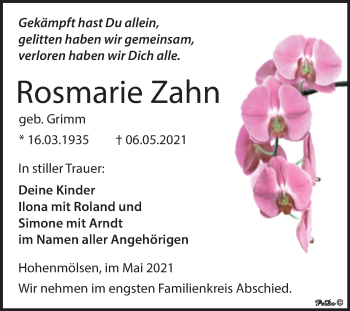Traueranzeige von Rosmarie Zahn von Trauerkombi Weißenfels