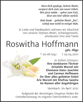 Traueranzeige von Roswitha Hoffmann von Wochenspiegel Naumburg/Nebra