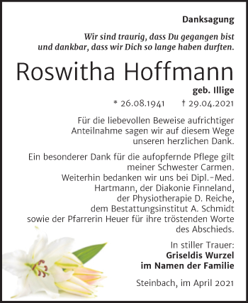 Traueranzeige von Roswitha Hoffmann von Wochenspiegel Naumburg/Nebra