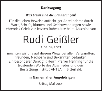 Traueranzeige von Rudi Geißler von Trauerkombi Bitterfeld