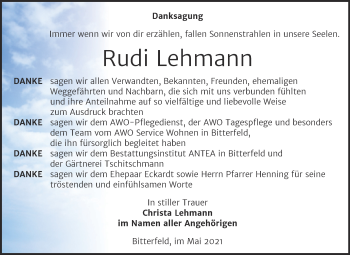 Traueranzeige von Rudi Lehmann von Trauerkombi Bitterfeld