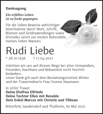 Traueranzeige von Rudi Liebe von Trauerkombi Bitterfeld