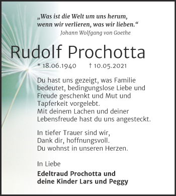 Traueranzeige von Rudolf Prochotta von Trauerkombi Wittenberg