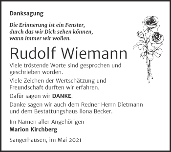 Traueranzeige von Rudolf Wiemann von Trauerkombi Sangerhausen