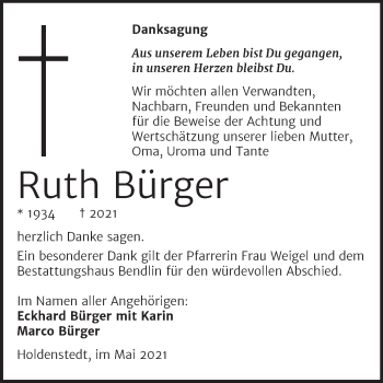 Traueranzeige von Ruth Bürger von Trauerkombi Sangerhausen