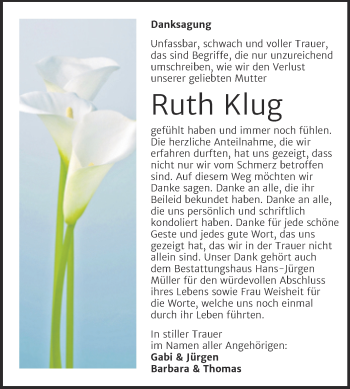 Traueranzeige von Ruth Klug von Trauerkombi Aschersleben