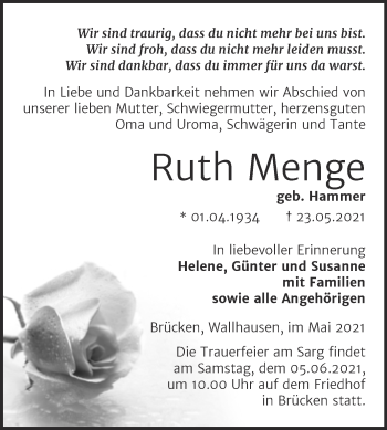 Traueranzeige von Ruth Menge von Trauerkombi Sangerhausen