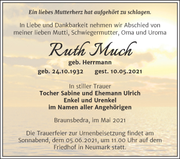 Traueranzeige von Ruth Much von Trauerkombi Merseburg