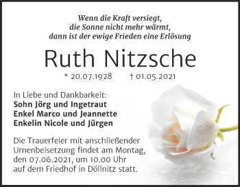 Traueranzeige von Ruth Nitzsche von Mitteldeutsche Zeitung Halle/Saalkreis
