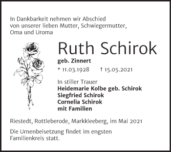 Traueranzeige von Ruth Schirok von Trauerkombi Sangerhausen