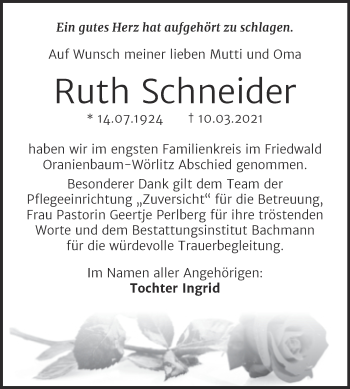 Traueranzeige von Ruth Schneider von Trauerkombi Dessau