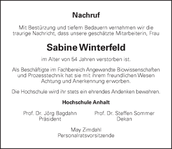 Traueranzeige von Sabine Winterfeld von Mitteldeutsche Zeitung Köthen
