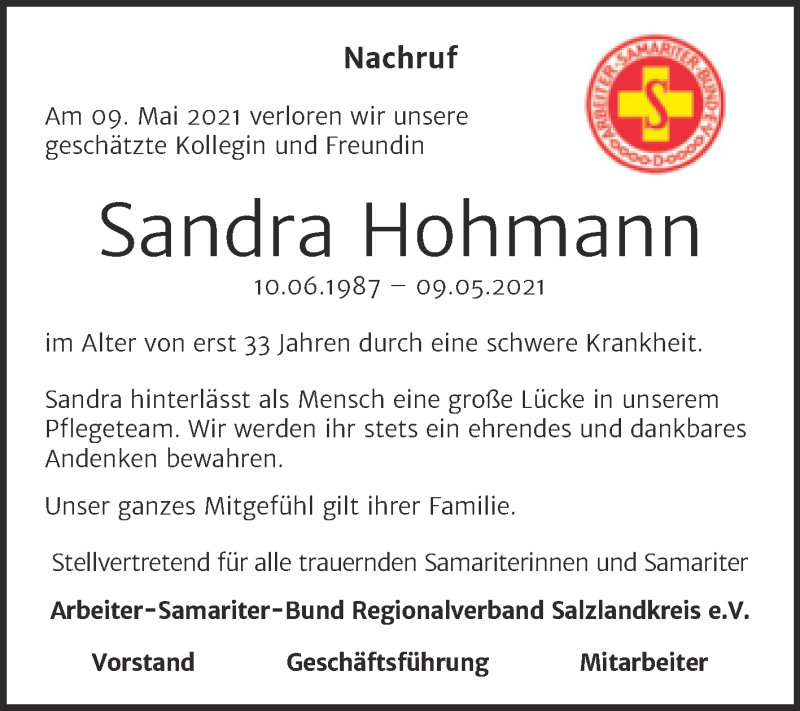  Traueranzeige für Sandra Hohmann vom 22.05.2021 aus Super Sonntag Aschersleben