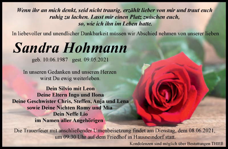  Traueranzeige für Sandra Hohmann vom 22.05.2021 aus Trauerkombi Quedlinburg